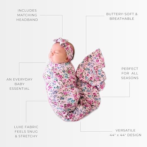Image of Posh Peanut Soft Baby Swaddle & Headband Set - Viscose from Bamboo Newborn Wrap Receiving Blanket, Nursing or Stroller Cover (Pixie)