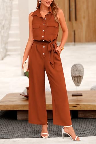 Prettygarden Women'S Button Down Pants Rompers Collared Wide Leg Sleeveless Jumpsuits With Belt  thumb #6