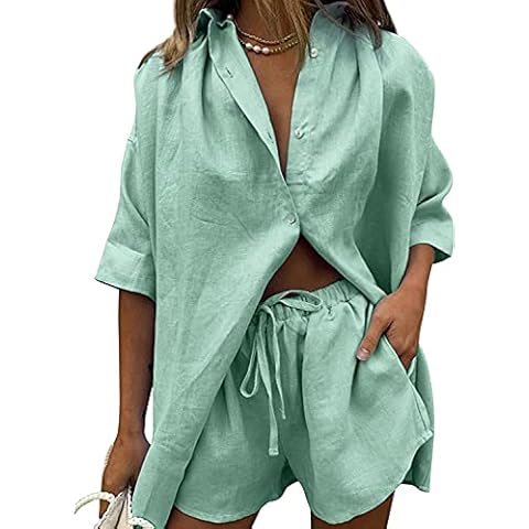 Ulekuke Womens 2 Piece Outfits Casual Loungewear Sets Stripe Long Sleeve Shirt And Loose High Waisted Mini Shorts Set(GN/S) Cover