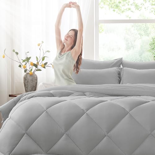 Anluoer Full Comforter Set,Light Grey Bed in a Bag 7 Piece,Lightweight Bedding Set with Soft Down Alternative Fill,Bed Set Includes Comforter, Fitted Sheet, Flat Sheet,Pillowcases and Shams