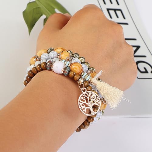 SHUBEIEUMI Boho Holzperlen Armband, 4 Stück Boho Quaste Armband für Damen, Frauen Baum des Lebens Charm Statement Armreifen, Kristall Perle