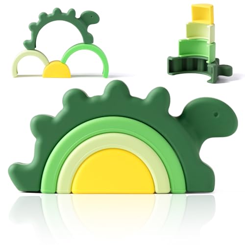 Image of NCVI Food-Grade Silicone Baby Stacking Toy Dinosaur Shape Soft Teether for Toddler Sensory Development 12+ Months Green