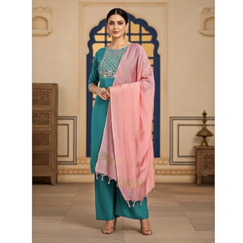 Image of Women Rayon Embroidered Kurta with Pant and Dupatta Set