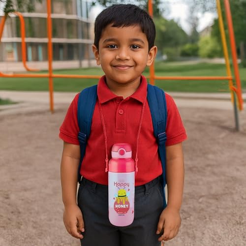 Image of Milton Steel Indus 600 Thermoware PU Insulated, 500 ml Water Bottle with Straw for Kids, Leak Proof Flip Top Sipper Lid Bottle, School, Picnic, Easy to Carry Belt, Pink