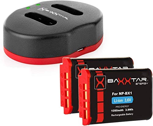 Baxxtar Twin Port 1829 - Cargador Compatible con Batería Sony NP-BX1 y (2X) Baxxtar Pro Batería - para Vlog ZV-1 DSC HX95 HX99 RX100 V RX100 VL