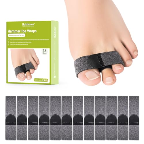 Image of Bukihome Hammer Toe Straightener - Reusable Fabric Toe Wraps Protect and Straighten Hammertoes - Toe Corrector for Men and Women - Realign Bent, Curled, Crooked, Claw, Hammer Toes (Dark Gray, 12 Pack)