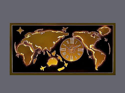 Image of METSYMetal wall hanging World Map with Clock Wall Hanging World map with led clock (Black & Gold 4*2)