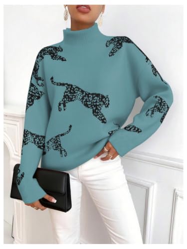 Image of WDIRARA Women's Leopard Tiger Print Sweater High Neck Long Sleeve Fuzzy Knitted Pullover Top