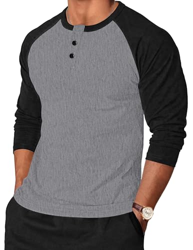 TARAINYA Henley Shirt Herren T-Shirt für Männer Langarmshirt Herren Stretch mit Knöpfen Slim Fit Dunkelgrau Schwarz M