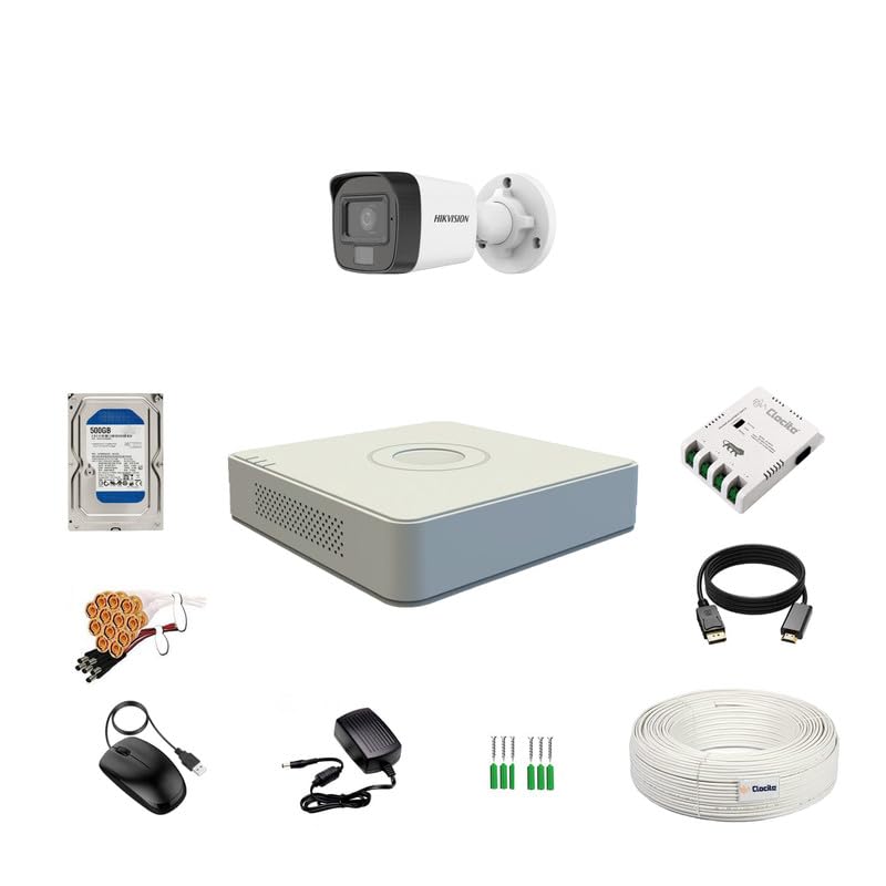 Image of Clocite HIKVISION 3K /5MP 4 Channel DVR, 3K (5MP) 1 Bullet Cameras [Color Night Vision + Built-in Audio MIC + SMART Dual Light + Motion Detection] + 500 GB HDD 4 CH SMPS + CCTV Cable + BNC /DC