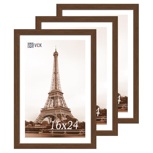 Image of VCK 16x24 Poster Frame Solid Wood brown 3 Pack Picture Frames 16 x 24 Inches with Wall Mounting Hanging