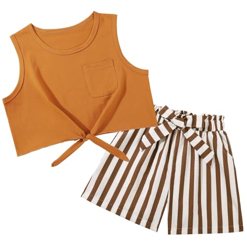 Image of Girls 2-Piece Summer Short Set, Textured Striped Crewneck T-Shirt and Casual Outfit for 5-14 Years