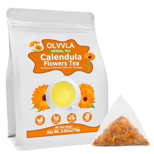 Image of Olvvla - Natural Calendula Flowers Tea Bags - 1.5g X 50 Count - Premium Calendula Tea - Non-GMO - Caffeine-free - Dried Calendula Herbal Tea - Rich in Antioxidants & Promote Relaxation