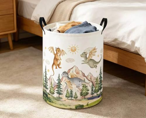 Image of Baby Laundry Hamper Basket Baby Hamper for Nursery Boy and Girl Cute Storage Bin Organizer Boho Room Decor(Hill Dinosaur)