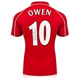maglia owen Maglia da calcio del Liverpool della stagione 2000-01, replica ufficiale con licenza, stampa in stile tifosi, autografata da Michael Owen.