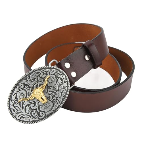 plplaaoo Western Cowboy Belt for Men Leather Adjustable Retro Vintage Bull Pattern Casual Buckle for Everyday