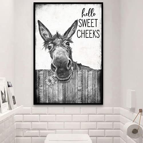 Biopracess Donkey And Daisy Black White Hello Sweet Cheeks Restroom Decor Metal Tin Sign 8x12 inch