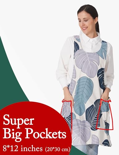 Image of Cozy Adjustable Cross Back Aprons for Women with Pockets Cotton Linen Cooking Kitchen Baking