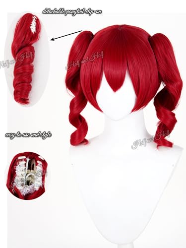 Image of Half and Half Short Curly Deep Red Anime Ponytail Wig with Bangs for Women Dark Red Twin Tails Virtual Singer Lolita Wigs Game Clown Wig for Halloween Party Costumes Daily