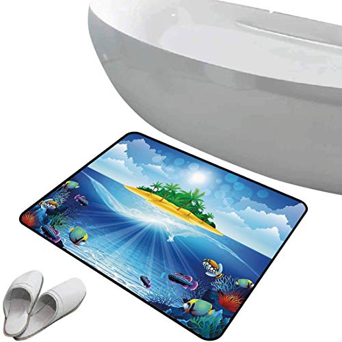 Alfombra de baño antideslizante Acuario suave antideslizante Isla tropical desierta con palmeras Varios animales y plantas marinas exóticas,multicolor Para ducha Felpudo Dormitorio Sala de estar Cocin