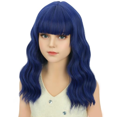 Image of Adult Navy Blue Wig Women Short Blue Wavy Curly Wigs Adult Wig with Air Bangs Synthetic Cosplay Hair Wigs