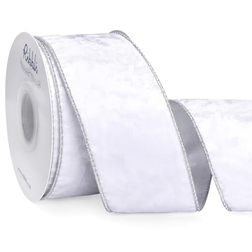 Image of Ribbli White Velvet Wired Ribbon 2.5 Inch Metallic White Silver Crushed Velvet Christmas Ribbon for Gift Wrapping Christmas Tree Decoration Crafts Wreaths Supplies-Continuous 10 Yards