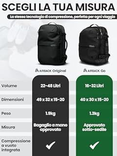 Airback GO Zaino Sottovuoto Viaggio - 16-32L, Zaino con Sottovuoto, Bagaglio a Mano per Cabina, Zaino Viaggio Leggero, Espandibile, Comodo e Resistente All'acqua, Nero