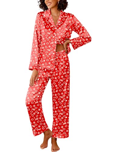 Image of Ekouaer Womens Silk Satin Pajama Sets 2 Piece Sleepwear Pjs Set Long Sleeve Button Down Top and Pants Stripe Loungewear S-XXL