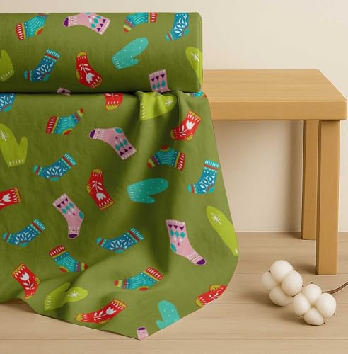 Image of Soimoi Green Cotton Poplin Fabric Socks & Gloves Folk Art Decor Fabric Printed Meter 42 Inch Wide