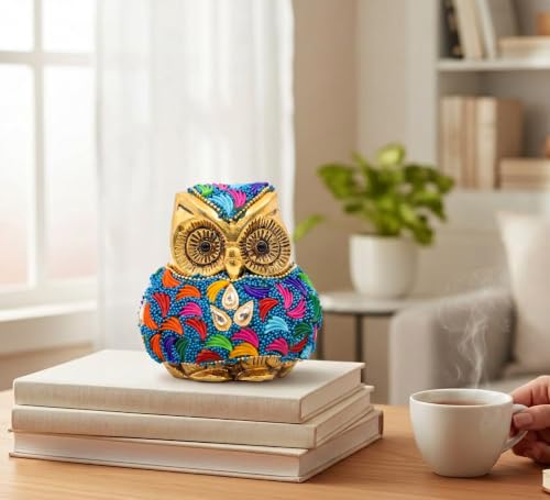 Image of Vintage Metal Owl Showpiece and Paper Weight Metal Handicraft Idol for Home Decor (Gold Stone)