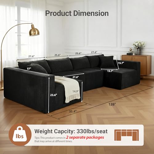 Image of Claiks 128 inch U-Shaped Modular Sectional Sofa No Assembly Required, Oversized Cloud Couch with Double Chaise, Corduroy Fabric for Living Room & Apartment, Black