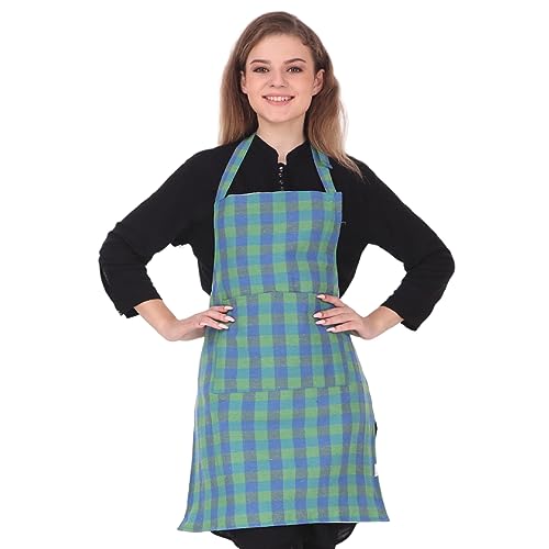 Image of GLUN Waterproof Unisex Green Checkered Kitchen Apron with Center Pocket and Adjustable Neck Belt with Metal Buckle