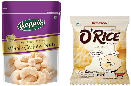 Image of Orion O'rice cracker - Baked Korean snack Pack of 1-151g |Weekly snack pack |Healthy snack & Happilo 100% Natural Premium Whole Cashews, 200 g (Pack of 1)
