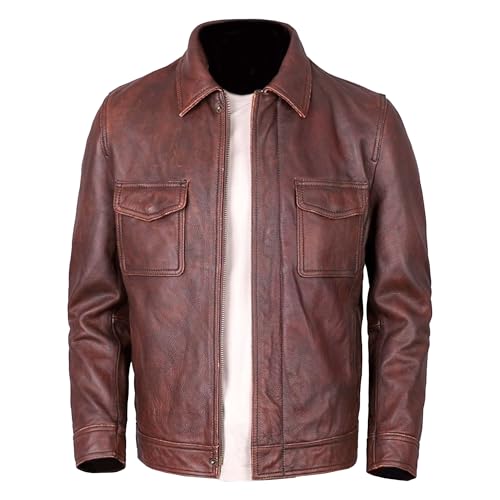 Veste en polyuréthane pour homme au quotidien simple et décontractée - Veste en cuir à la mode à cent tendances - Style ancien - Motard de rue - (café, XL)