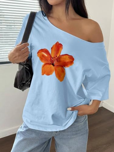 Image of SXV STYLE Women's Off Shoulder Top, Yellow, Orange Floral Print, 3 /4 Sleeve, Casual Loose Fit