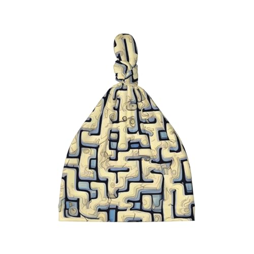 Newborn Baby Hat, Labyrinth Treasure Map Print Soft Top Knot Beanie Cap, Cute Baby Headwear for 0-6 Months Black