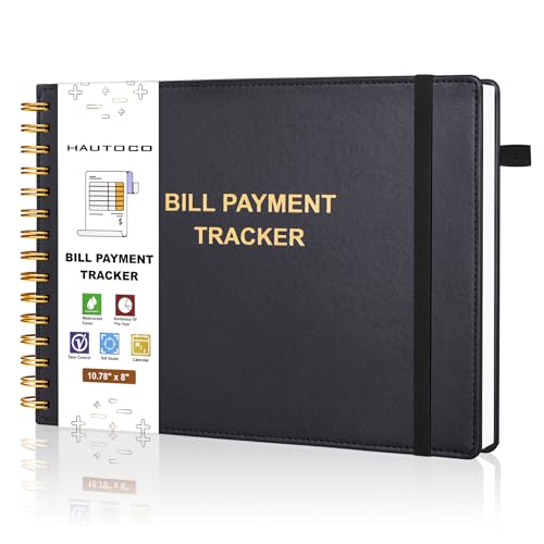 HAUTOCO Hardcover Bill Tracker Notebook Horizontal Monthly Bill Payment Organizer for Personal Budgeting Home Finance with 2 Storage Pocket Expense Checklist Tracking Planner 10.78 x 8'', Black