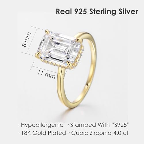 Michooyel 18K Gold Plated 4ct Emerald Cut Cubic Zirconia Engagement Rings For Women Sterling Silver Wedding Ring Promise Ring Sterling Silver Wedding Band3