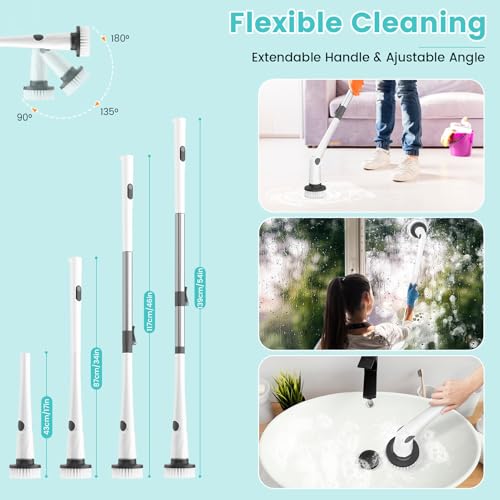 Image of Electric Spin Scrubber, Cordless Spin Scrubber IPX7 Waterproof with 7 Replaceable Cleaner Brush Heads and Adjustable Extension Handle, Power Cleaning Brush for Bathtub Tile Floor