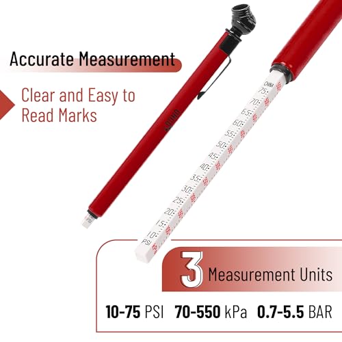 Image of UNCO- Pencil Tire Pressure Gauge, 2 Pack, 10-75 PSI, Red, Stainless Steel Body, Metal Made Nozzle, Rust and Corrosion Resistant, Pencil Air Pressure Gauge for Tires, 3 Measurements for Cars, Bikes
