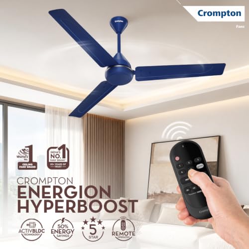 Image of Crompton Energion Hyperboost 1200mm BLDC Ceiling Fan | Point Anywhere Remote Control | BEE 5 Star Rated Energy Efficient | Superior Air Delivery | 3 Year Brand Warranty | Matte Mettalic Blue