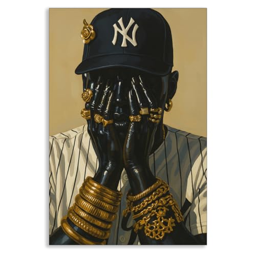 Fashion Black Man Canvas Wall Art, Luxury African American Portrait Poster, Urban Pop Black Culture Wall Decor, Luxury Gold Rings and Necklace Picture for Man Cave Club 12x16in Unframed