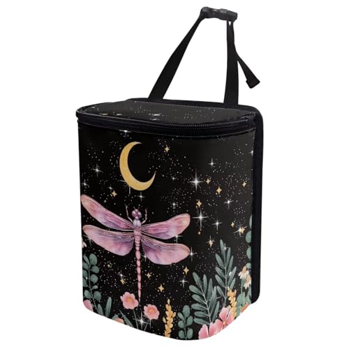 Image of Talayituse Dragonfly Flower Moon Print Car Trash Can with Lid, Leak Proof Auto Trash Bag Hanging Vehicle Garbage Can Multipurpose Storage Container for Back Seat Road Trip