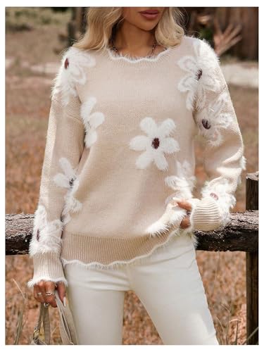 Image of SHENHE Women's Floral Sweater Crewneck Long Sleeve Fuzzy Trim Elegant Sweater Jumper Khaki Medium