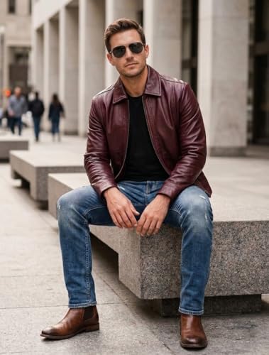 Image of Vintage Leather Jacket Men - Real Lambskin Turndown Collar Mens Leather Jacket