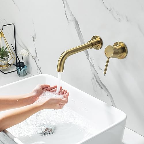 ONECE Wandmontage Waschtischarmatur, Unterputz Armatur für Waschbecken & Waschtisch, Messing Wandarmatur Bad mit Auslauflänge 202 mm, 360° drehbarem Auslauf & abnehmbar Bubbler, Gold Matt