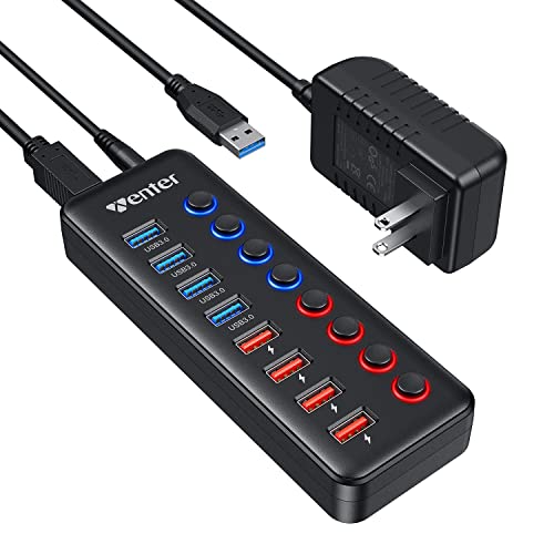 WENTER 8 Porte Hub USB 3.0,USB Hub 3.0 Alimentato con 7 Trasmissione Dati e 4 Carica e Compatibile MacBook,Windows,Linux,Unità Flash USB,Mouse con Interruttori di LED e Adattatore di Alimentazione