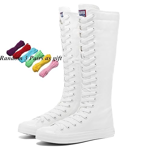 rismart Women's Canvas Sneakers Knee Length High Top Side Zip School Cheergirls Long Boots2