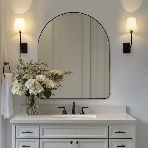 Image of ANDY STAR Arched Mirror, 28 x 36 Inch Black Wall Mirror in Stainless Steel Metal Frame, Arch Top Rounded Corner 1 Inch Deep Set Design Wall Mount Hangs Vertical