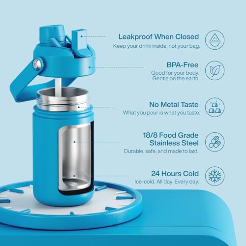 Image of Kids Insulated Water Bottle with Straw - 12oz Stainless Steel Water Bottle with Dual Spouts, Leak-Proof, BPA-Free, Double Wall Vacuum Keeps Cold for 24 Hours for Sports, Travel, School (Azure Blue)